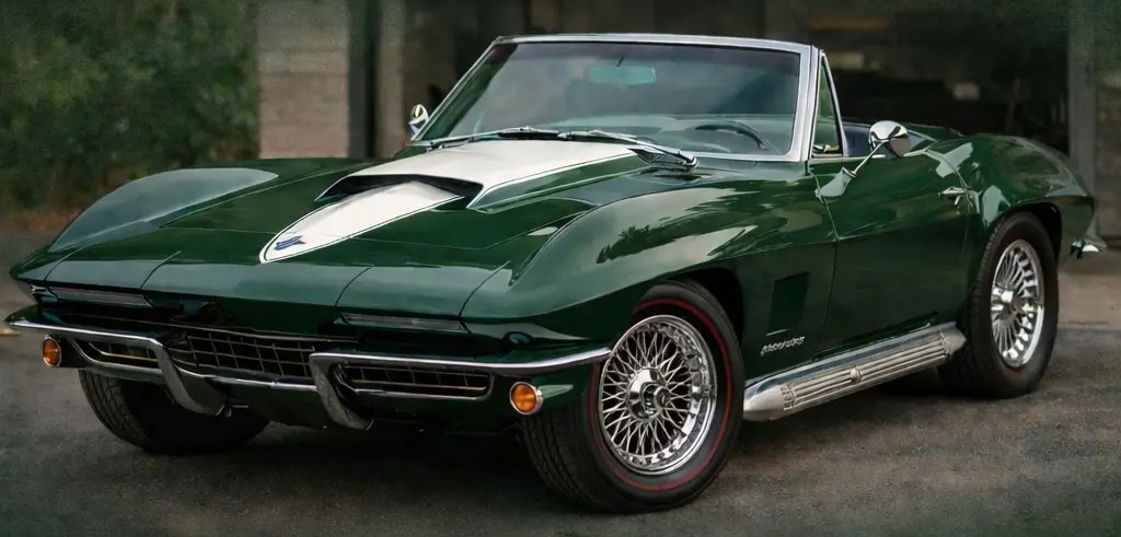 A dark green 1967 Chevrolet Corvette Convertible parked outside a garage